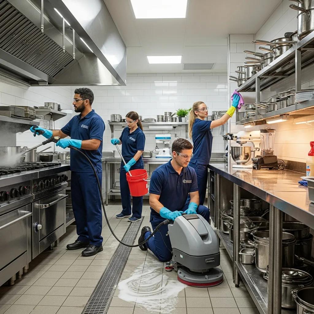 Professional crew deep cleaning a commercial restaurant kitchen